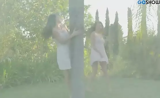Outdoor Teasing Passion Brunette Girl Delights in White Dress